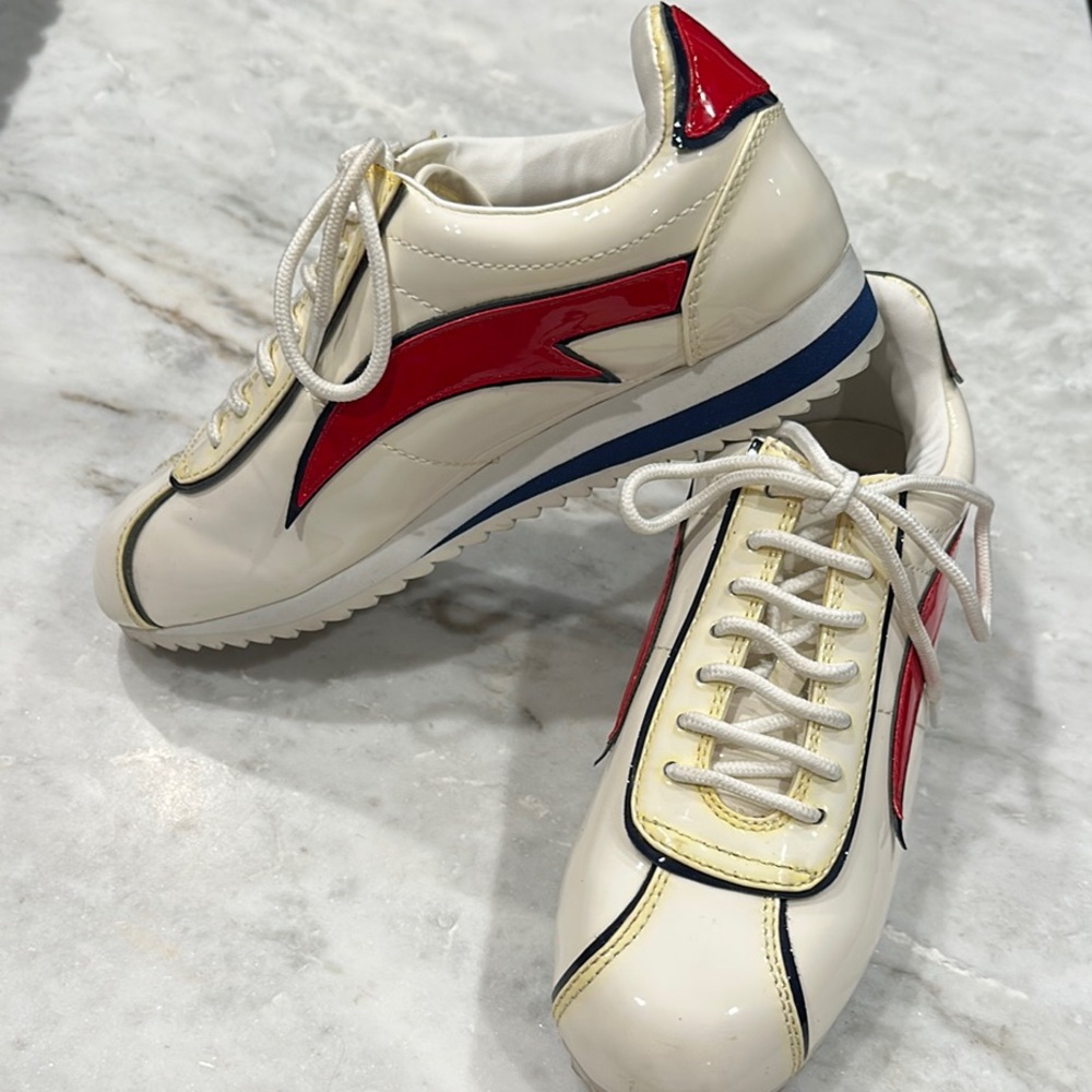 Jeffrey Campbell Sprinter 2 Cream and Red Sneakers Retro Athletic Patent Leather